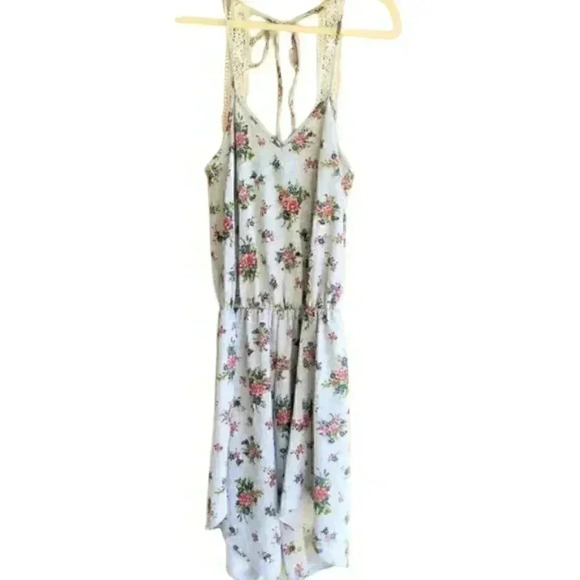 New Siva Gray Floral Print Crochet Trim Razorback French Terry Romper S - Picture 1 of 5